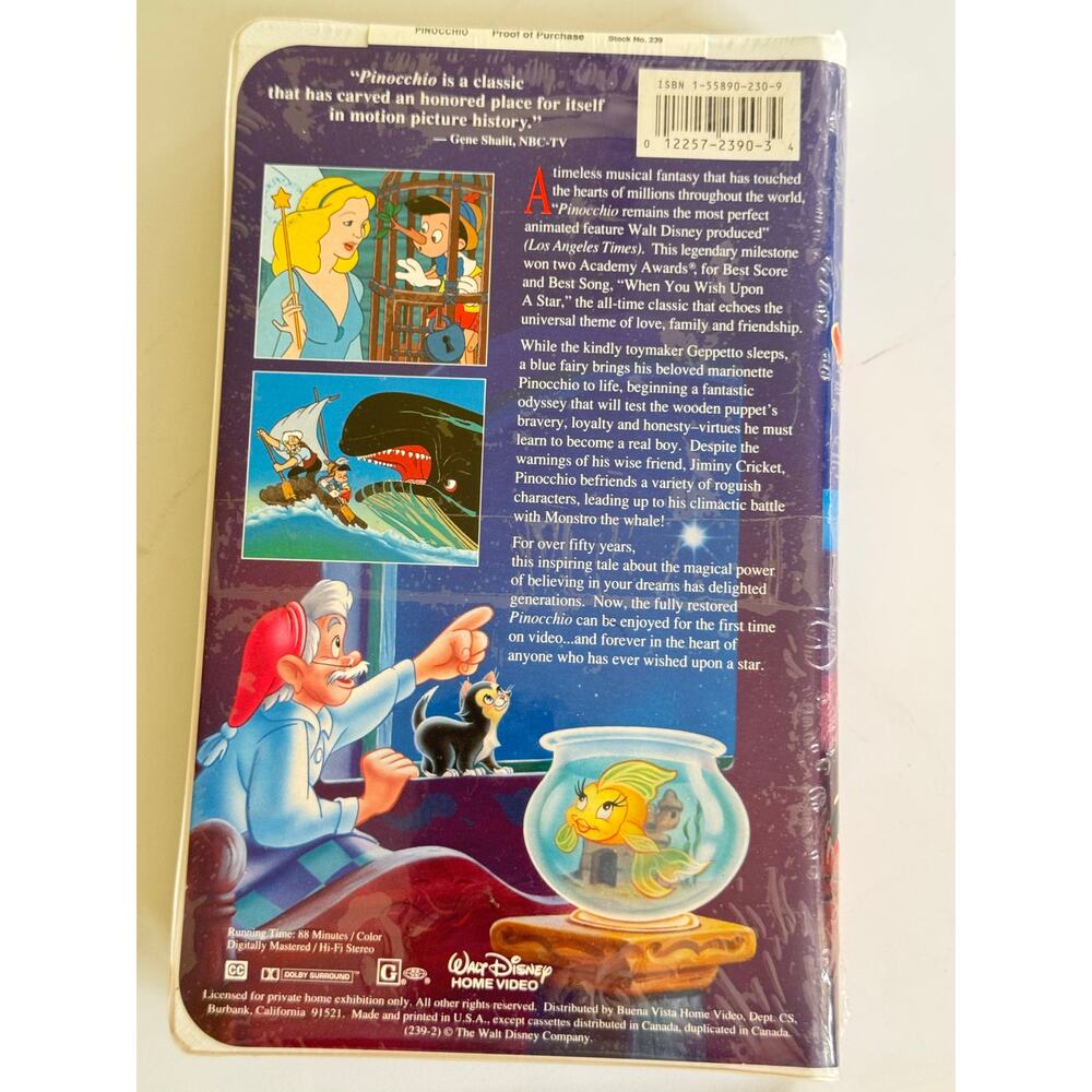 Vintage 1993 Pinocchio VHS Walt Disney Masterpiece Collection #230 SEALED NEW - Picture 4 of 5